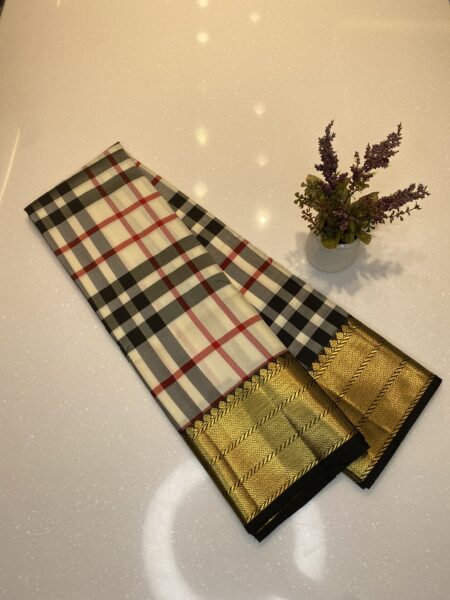 White & Black Kanjivaram Burberry Checks