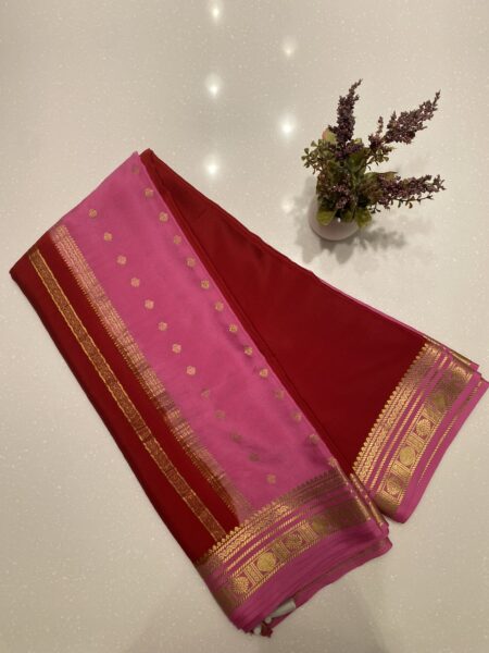 Red & Pink Patli Pallu Mysore Silk Crepe saree