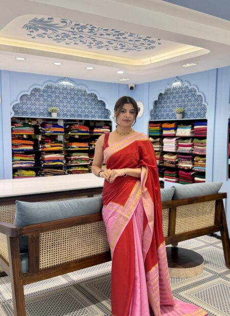 Red & Pink Patli Pallu Mysore Silk Crepe saree