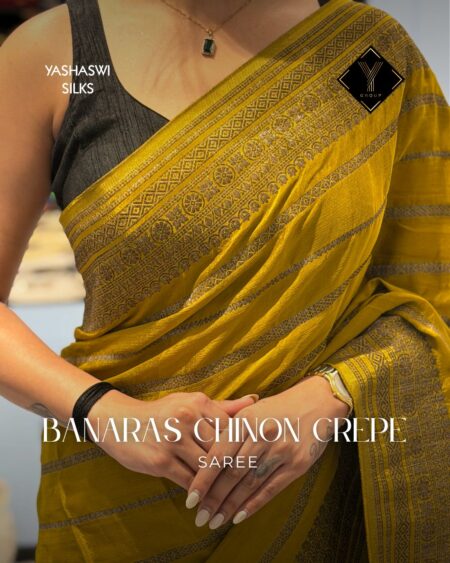 Mustard Yellow Designer Chinon crepe saree