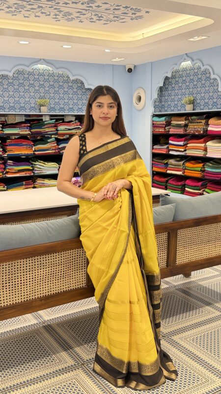 Yellow & Black Mysore Silk Crepe with Bentex border